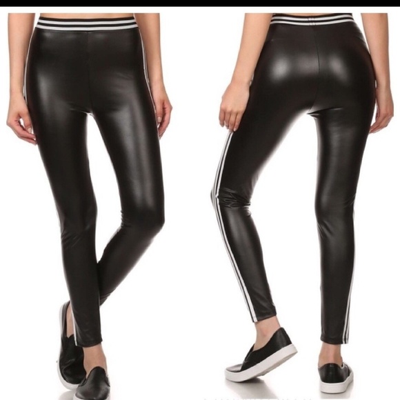 BLACK LEATHER TUXEDO LEGGINGS - Picture 2 of 2